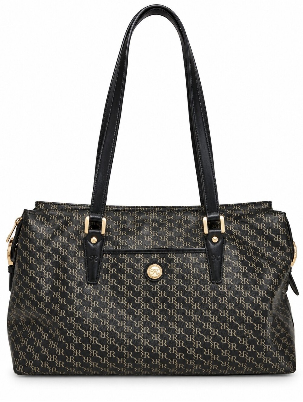 Rioni Moda Italia Tote Traveler Black Tan Monogram Gold Hardware, Wallet Combo